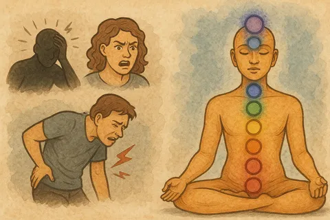 Illustrated seated meditator with seven glowing chakra circles, beside three people showing headache, distress and back pain