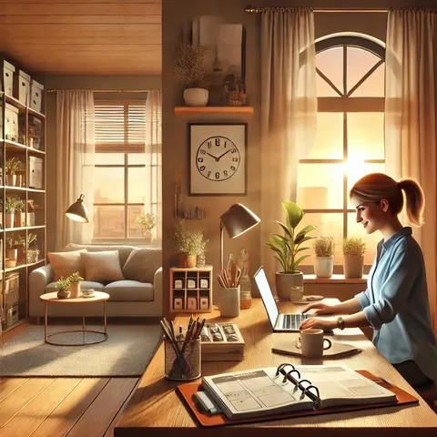 Smiling woman typing on a laptop at a wooden desk in a warm home office, with a planner, plants and a sunset window