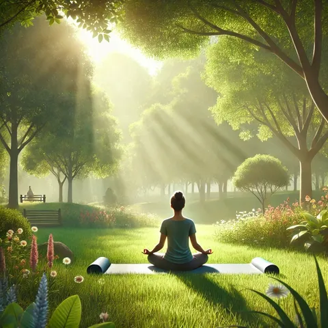 Person sitting cross-legged on a mat on a sunlit park lawn, with tall trees, benches and wildflowers around