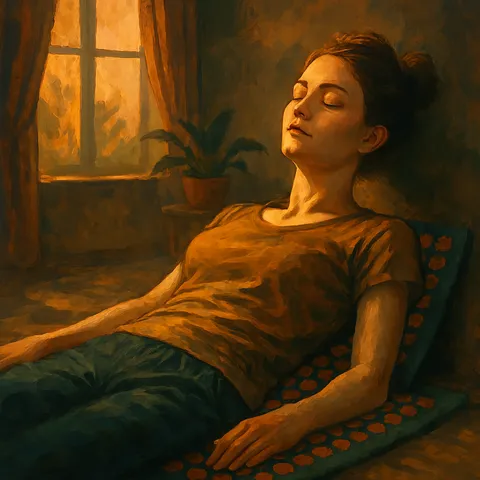 Painting of a woman lying with closed eyes on a patterned acupressure mat in a dim room lit by a glowing window