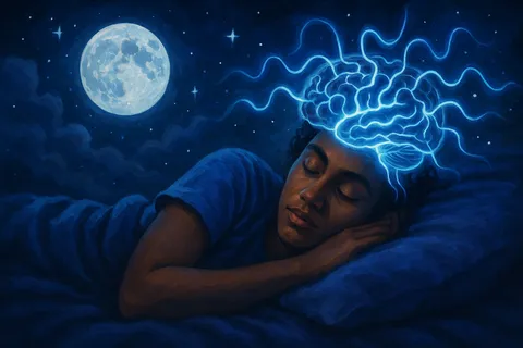 Painting of a person asleep under a full moon with a glowing blue brain and wavy light lines above the head