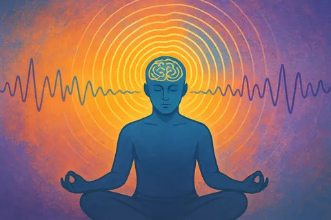 Illustration of a blue meditating figure with a glowing brain, concentric orange rings and sound waves on a purple background