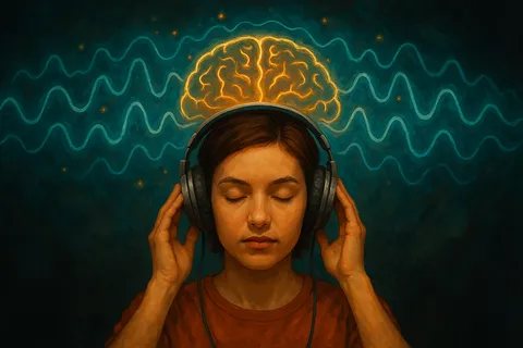 Painting of a woman with closed eyes and headphones, a glowing golden brain above her head and teal sound waves behind
