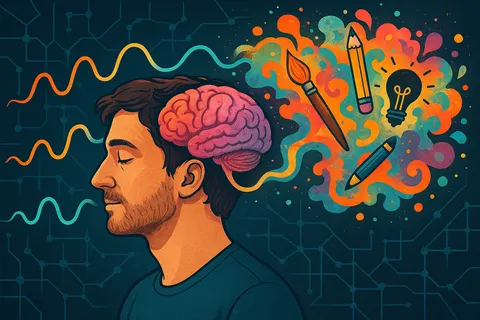 Profile of a man with closed eyes and a pink brain, colored waves flowing into a burst of brushes, pencils and a light bulb