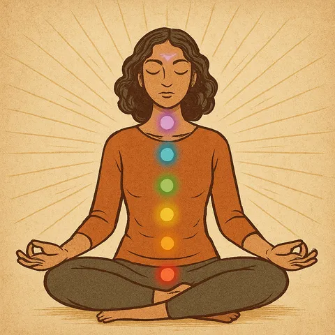Illustration of a woman meditating cross-legged with six glowing colored chakra points down her torso and rays behind her