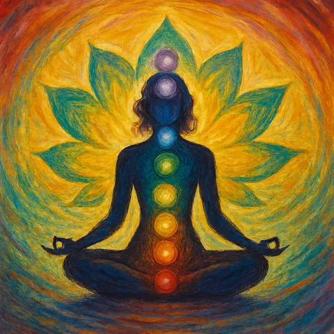 Painted silhouette meditating in lotus pose with seven glowing chakra points, set against a large yellow and teal lotus