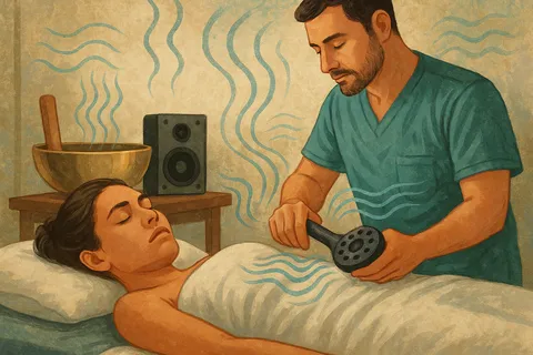 Painting of a therapist holding a vibration massager over a woman lying face up, with a singing bowl and speaker