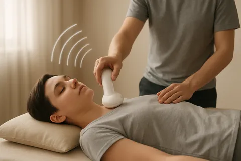 Illustration of a man holding a white handheld vibration device on a resting woman's shoulder, with sound-wave arcs nearby