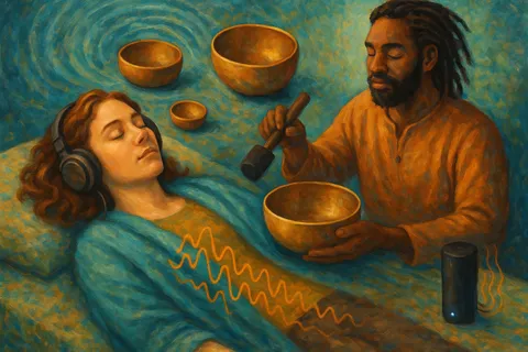 Painting of a man playing a singing bowl beside a woman in headphones lying down, with more bowls and a speaker around them