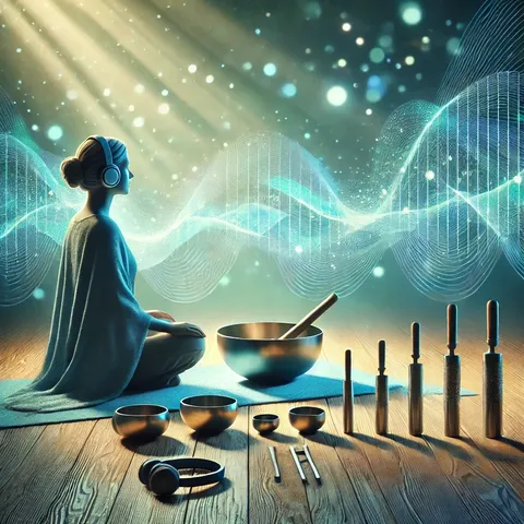 Woman with headphones sitting cross-legged beside a singing bowl, with glowing sound waves behind her