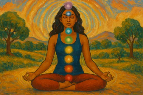 Painted woman sitting cross-legged with eyes closed, seven glowing colored discs running from her seat to her crown
