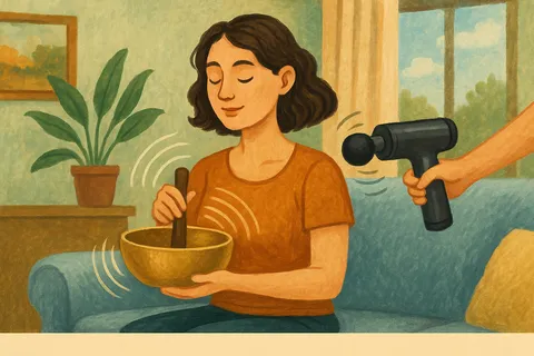 Illustration of a woman holding a singing bowl on a sofa while a hand with a massage gun appears beside her