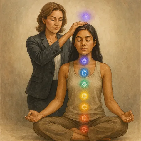 Practitioner resting a hand on a seated woman's head, with chakra symbols glowing above her head and down her body