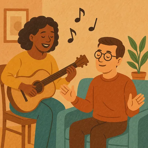 Flat illustration of a smiling woman playing guitar for a man with closed eyes and open hands on an armchair
