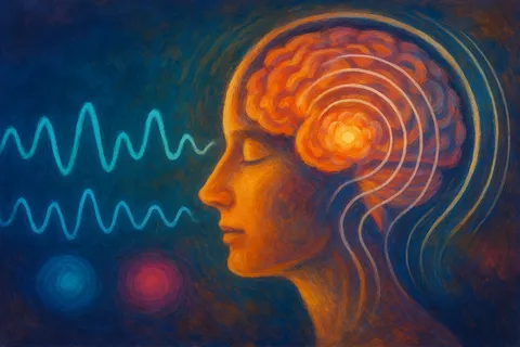 Painted profile with a glowing orange brain and concentric arcs, blue sound waves and orbs on a dark blue background