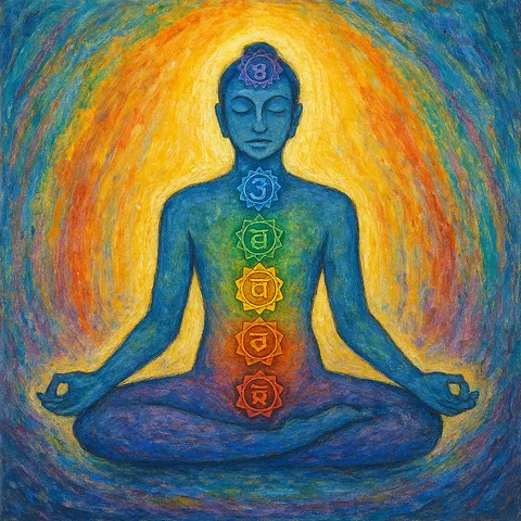 Blue meditating figure with six glowing chakra symbols down the body, framed by swirling orange and yellow light