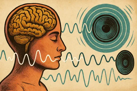Retro-style profile with a golden brain, teal sound waves and concentric speaker-like circles on a beige paper background