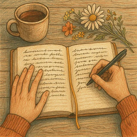 Colored-pencil drawing of hands writing in an open journal beside a mug of tea and a sprig of daisies on a wooden table