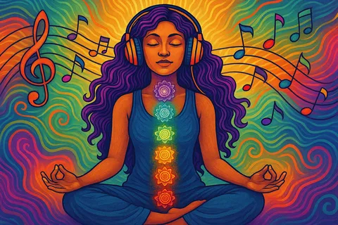 Woman with headphones meditating in lotus pose, chakra flowers down her torso, surrounded by musical notes and colorful waves