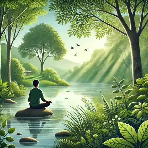 Person meditating on a rock in a calm river, surrounded by green trees, hills, birds and shafts of sunlight