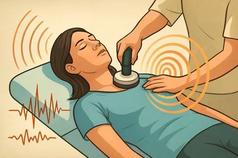 Illustration of a woman lying with closed eyes as a practitioner holds a vibrating device on her chest