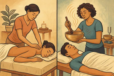 Split illustration: a therapist massaging a back, and a woman holding a singing bowl over a man lying down
