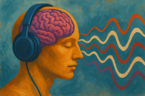 Painted profile wearing headphones with a pink brain, colorful wavy lines flowing from the face on a teal background