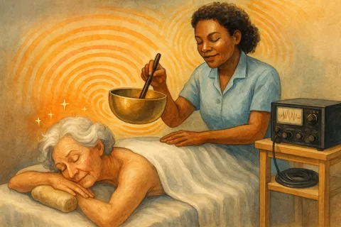 Watercolor of a therapist holding a singing bowl over an older woman resting on a massage table, with a monitor nearby
