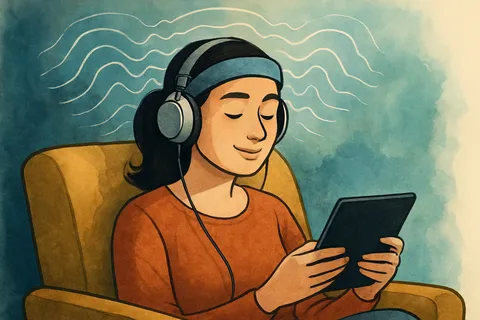 Illustration of a smiling woman in headphones and a headband, eyes closed, holding a tablet in a yellow armchair