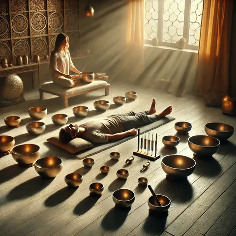 Person lying on a mat surrounded by singing bowls while a seated practitioner plays a bowl in a sunlit room