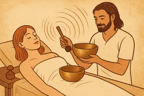 Warm illustration of a woman lying with closed eyes while a bearded man holds a singing bowl and mallet beside her