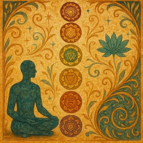 Seated teal figure beside a vertical column of six chakra medallions, with a teal lotus and ornate golden border