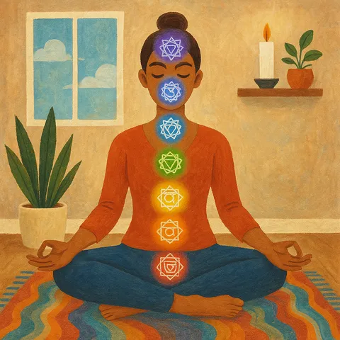 Woman meditating on a striped rug beside a window, with chakra symbols down her body, plants and a candle on a shelf behind