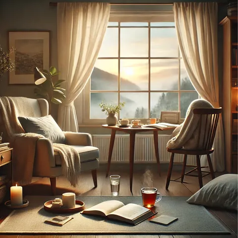 Cozy room with an armchair and blanket, a candle, tea and an open book on a rug, and a misty hillside at sunrise outside