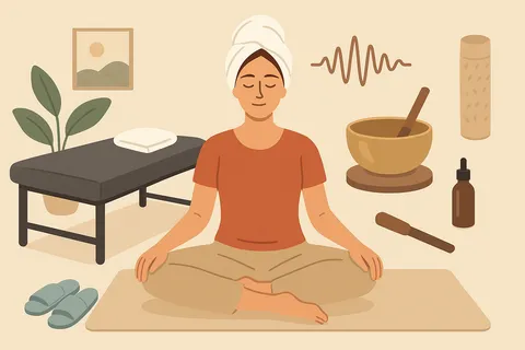 Woman with a towel on her head sits cross-legged on a mat beside a massage table, a singing bowl and slippers