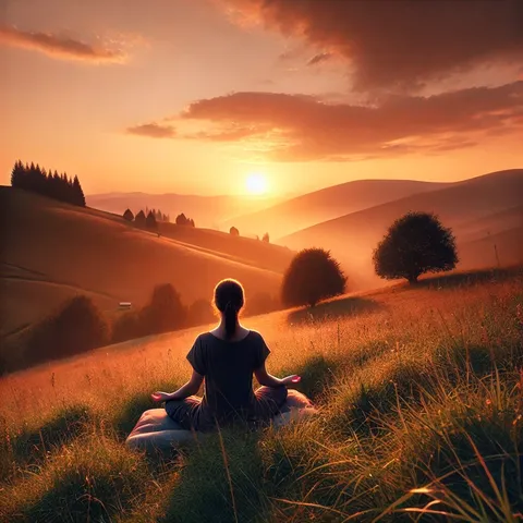 Person sitting cross-legged on a grassy hillside at sunset with hands resting on the knees, facing glowing orange hills