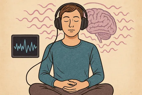 Flat illustration of a man sitting cross-legged in headphones, eyes closed, with a brain, wavy lines and a waveform monitor