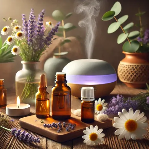 Amber oil bottles and a glowing diffuser on a wooden tray, with lavender, chamomile daisies, eucalyptus and a candle