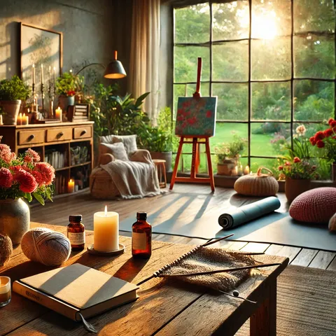 A sunlit living room with a candle, journal, knitting, yoga mat, easel and plants beside a large window onto a garden