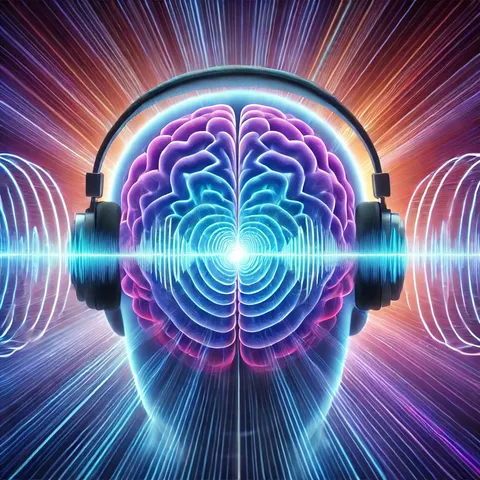 Glowing purple and blue brain wearing headphones, with bright sound waves and light rays spreading outward