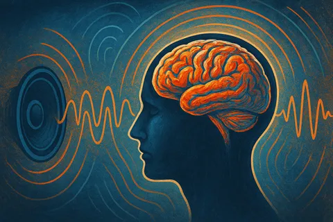 Stylized orange brain inside a dark blue head profile, with sound waves flowing in from a speaker on the left