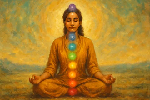 Painting of a woman in saffron robes meditating, with seven glowing colored orbs stacked along her spine