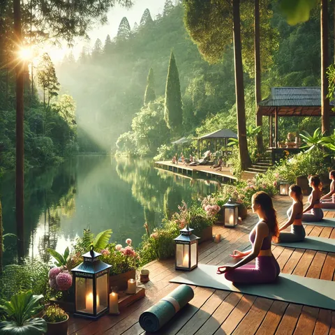 Women practising yoga on a wooden deck beside a misty forest lake, with lanterns, flowers and a pavilion in the background