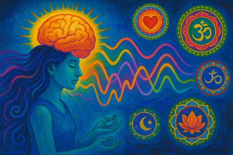 Painted profile of a woman with closed eyes, a glowing brain above her head and colored sound waves flowing toward symbols