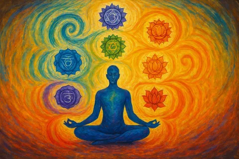 Painting of a blue meditating figure surrounded by seven colored chakra symbols in swirling orange and yellow