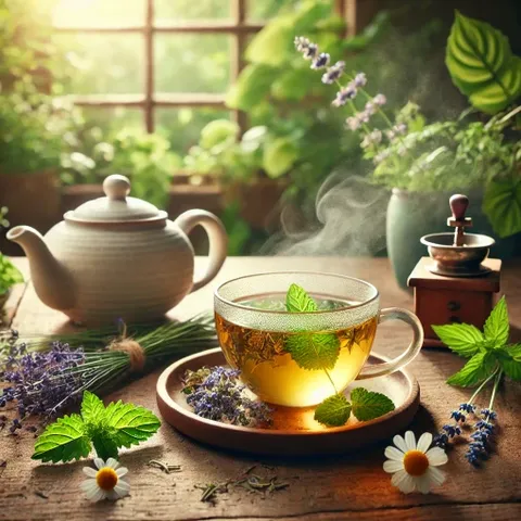 A glass cup of herbal tea with a mint leaf on a wooden table, with a teapot, lavender, daisies and fresh mint around it