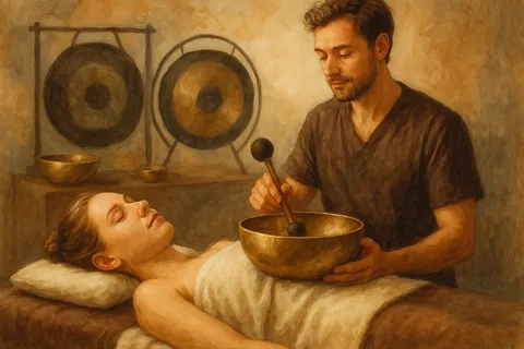 Painting of a bearded man holding a large singing bowl over a woman resting with closed eyes, two gongs on the wall behind