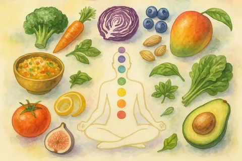 Watercolor of colorful vegetables and fruit around a meditating outline with seven colored dots along the spine
