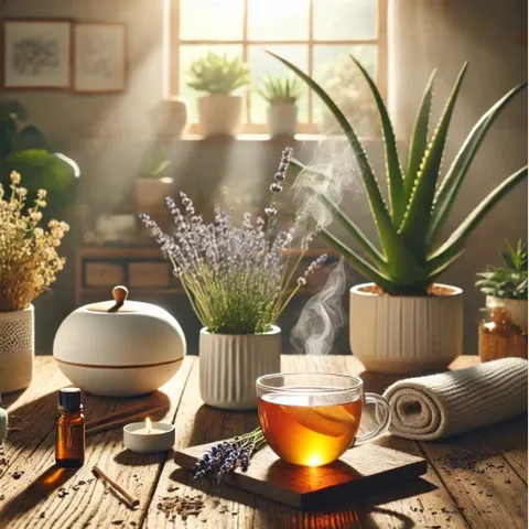 A sunlit table with herbal tea, potted lavender, an aloe plant, a diffuser, an essential oil bottle and a rolled towel
