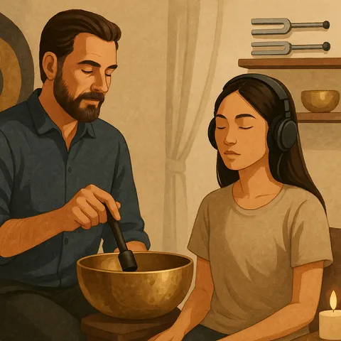 Bearded practitioner striking a singing bowl beside a woman in headphones with closed eyes, tuning forks and a candle nearby